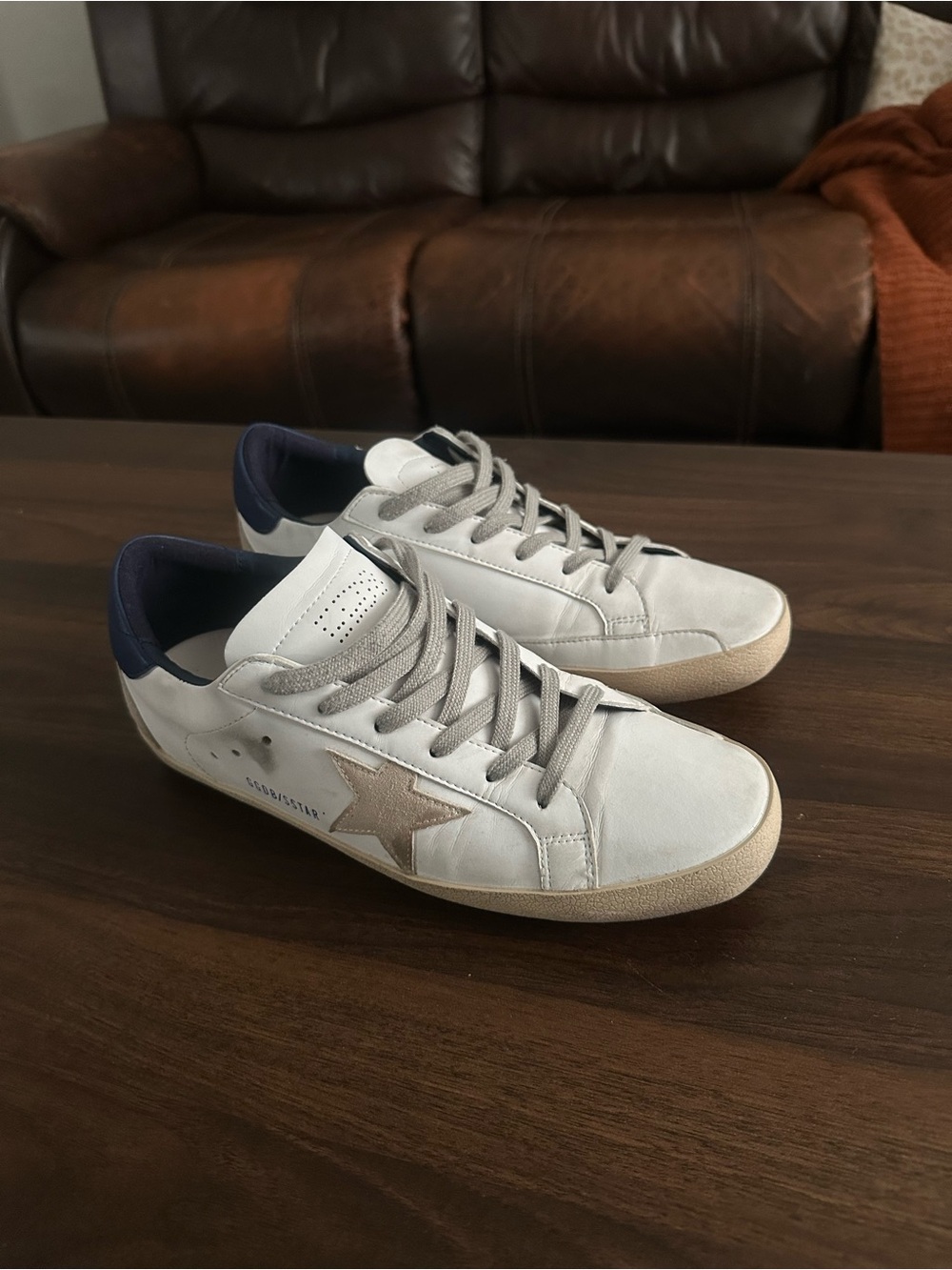 Golden Goose White Leather with Beige Star and Navy Heel with box and dustbag